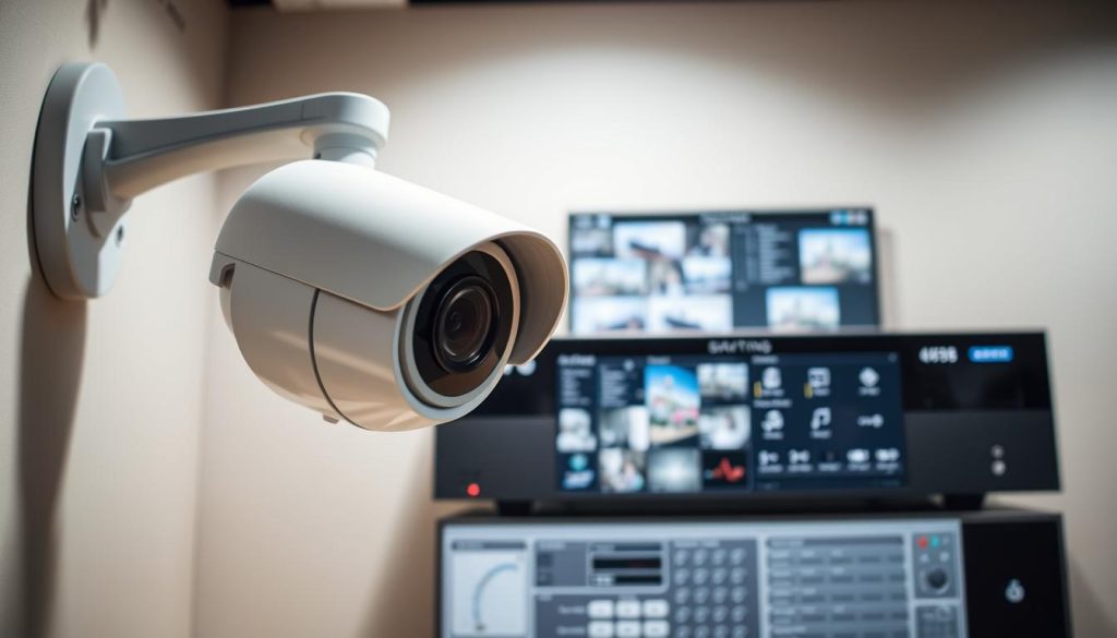 A modern CCTV surveillance system, showcasing the latest technological advancements. In the foreground, a sleek and compact dome camera with a high-resolution lens, strategically mounted on a wall. The middle ground features a network video recorder, its interface displaying real-time footage and analytics. In the background, a control panel with various settings and customization options, reflecting the system's versatility. Soft, ambient lighting illuminates the scene, creating a professional and efficient atmosphere. The overall image conveys the idea of a cutting-edge CCTV setup, ready to provide enhanced security and monitoring capabilities.