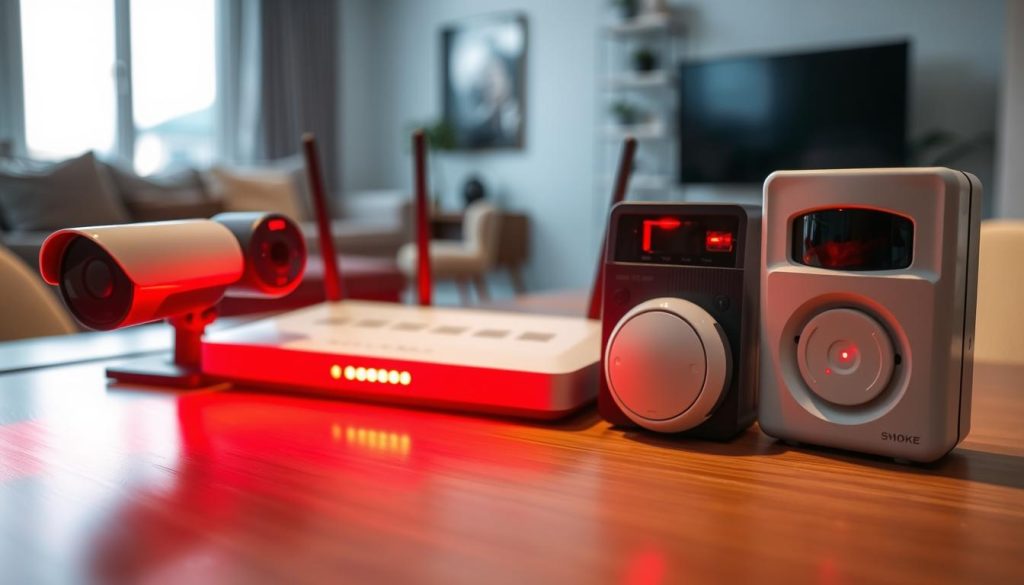 multiple devices with red light indicators