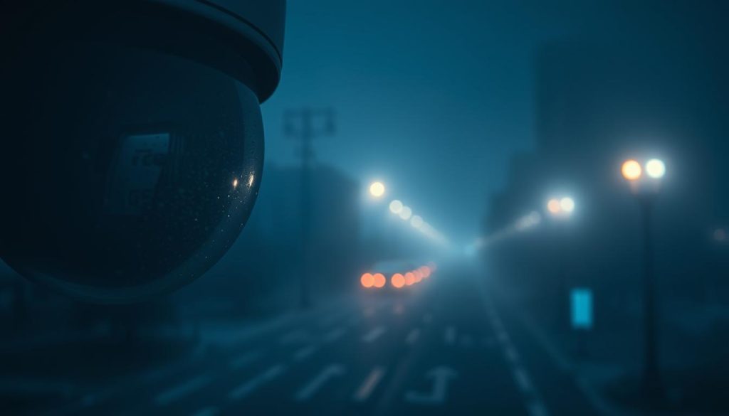 foggy security camera lens at night