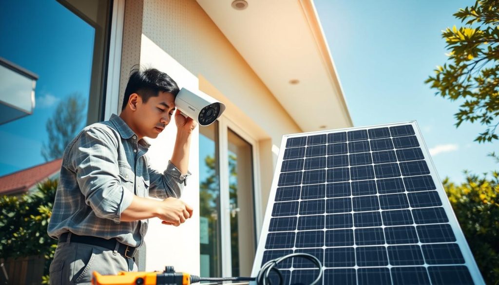 solar-powered security camera installation